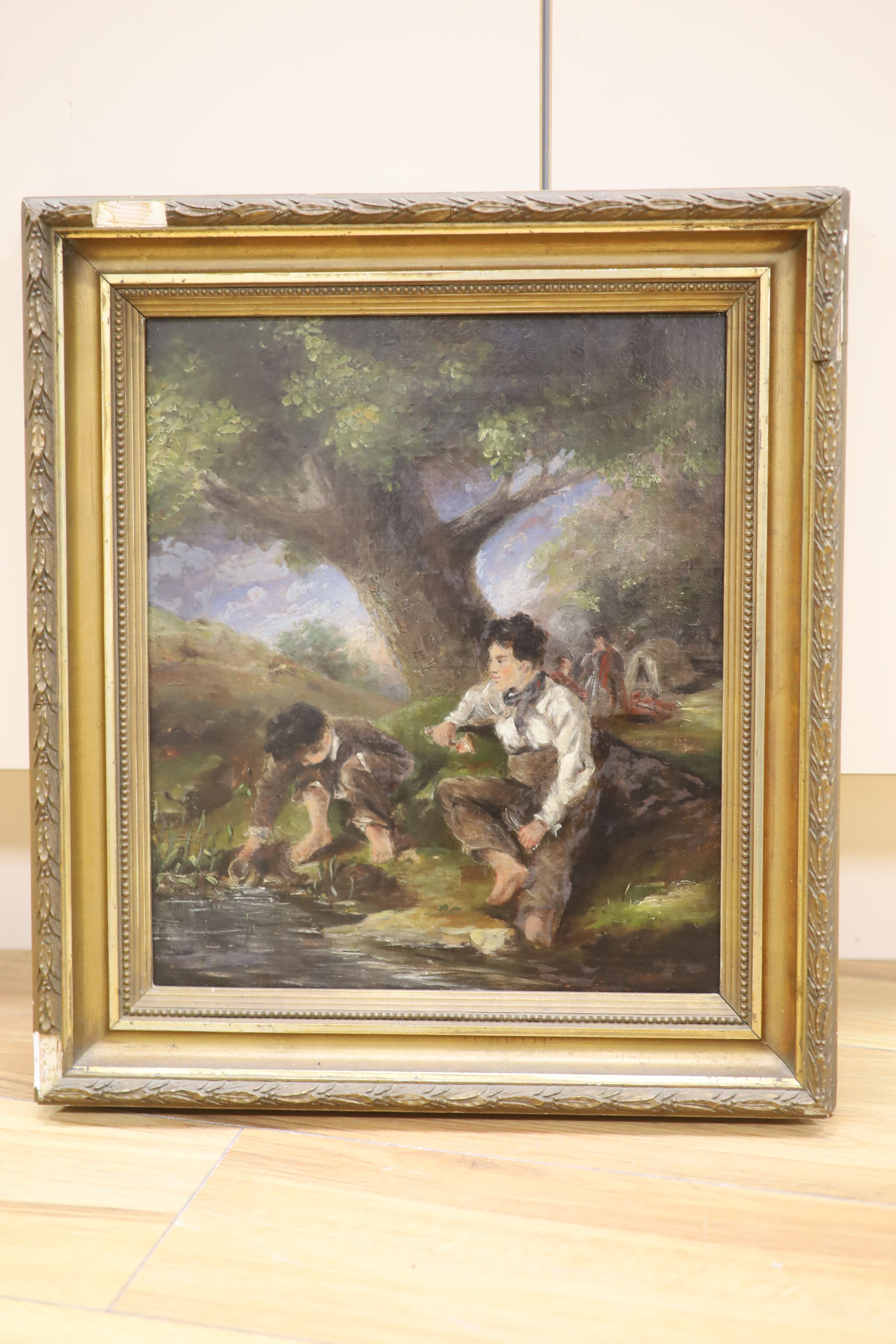 English School c.1880, oil on canvas, Boys beside a stream, 34 x 29cm